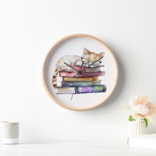 WATERCOLOR STACK OF BOOK WITH CUTE SLEEPING CAT CLOCK
