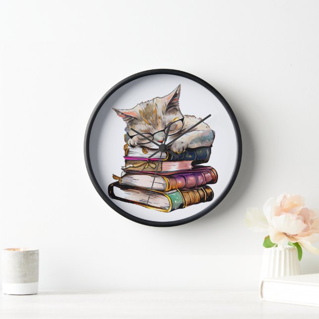 WATERCOLOR STACK OF BOOK WITH CUTE SLEEPING CAT CLOCK (Home)