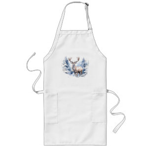 Watercolor Stag Deer Winter Snow Forest Animal Long Apron