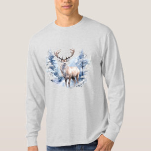 Watercolor Stag Deer Winter Snow Forest Animal T-Shirt