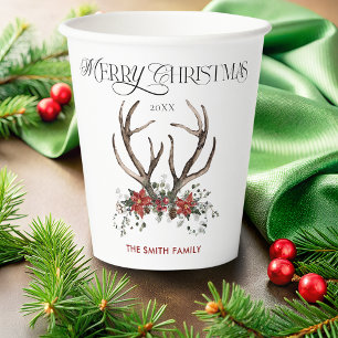 Watercolor Stag Merry Christmas Botanical Paper Cups