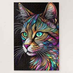 Watercolor Stained Glass Style Cat Jigsaw Puzzle