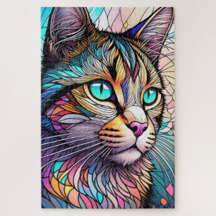 Watercolor Stained Glass Style Cat Jigsaw Puzzle