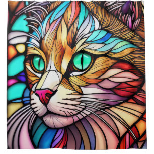 Watercolor Stained Glass Style Cat Shower Curtain