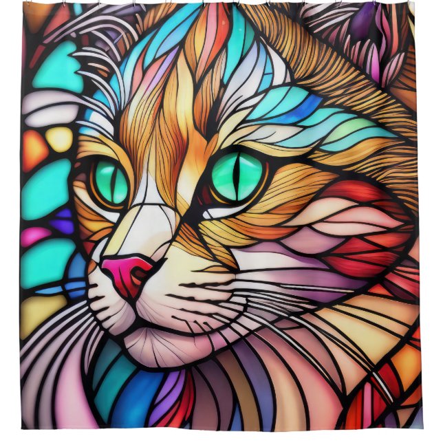 Watercolor Stained Glass Style Cat Shower Curtain (Front)
