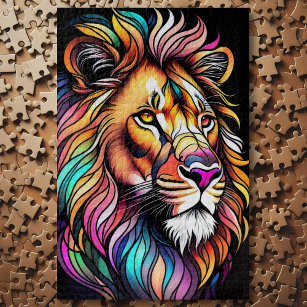 Watercolor Stained Glass Style Lion Jigsaw Puzzle