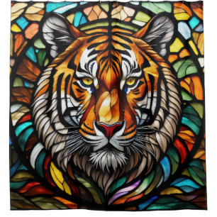 Watercolor Stained Glass Style Tiger Shower Curtain