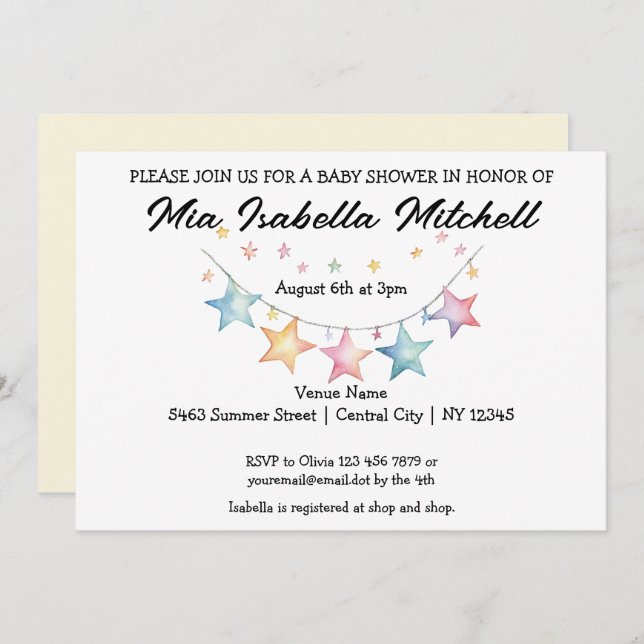 Watercolor Star Pennant Baby Shower Invitation (Front/Back)