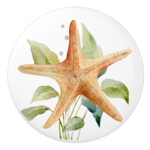 WATERCOLOR STARFISH ART BEACH COASTAL VACATON CERAMIC KNOB