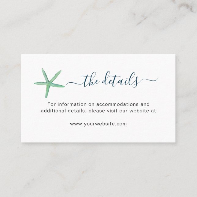 Watercolor starfish Beach wedding details card (Front)