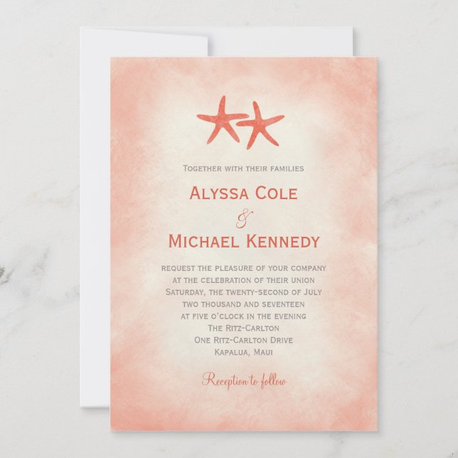 Watercolor Starfish Beach Wedding Invitation Coral (Front)