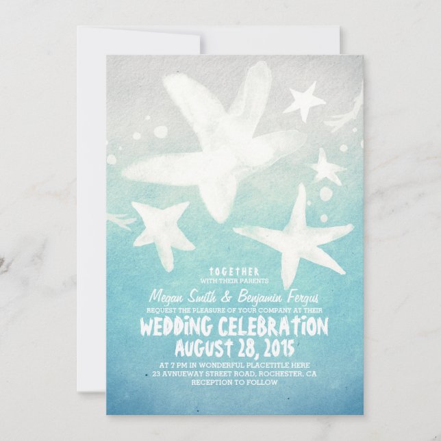 watercolor starfish blue beach wedding invitations (Front)