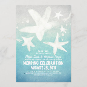 watercolor starfish blue beach wedding invitations