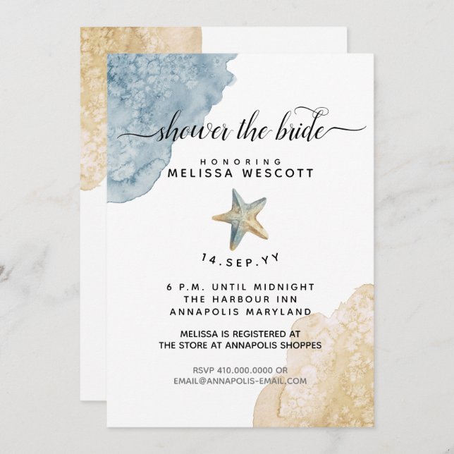 Watercolor Starfish Dusty Blue Beach Bridal Shower Invitation (Front/Back)