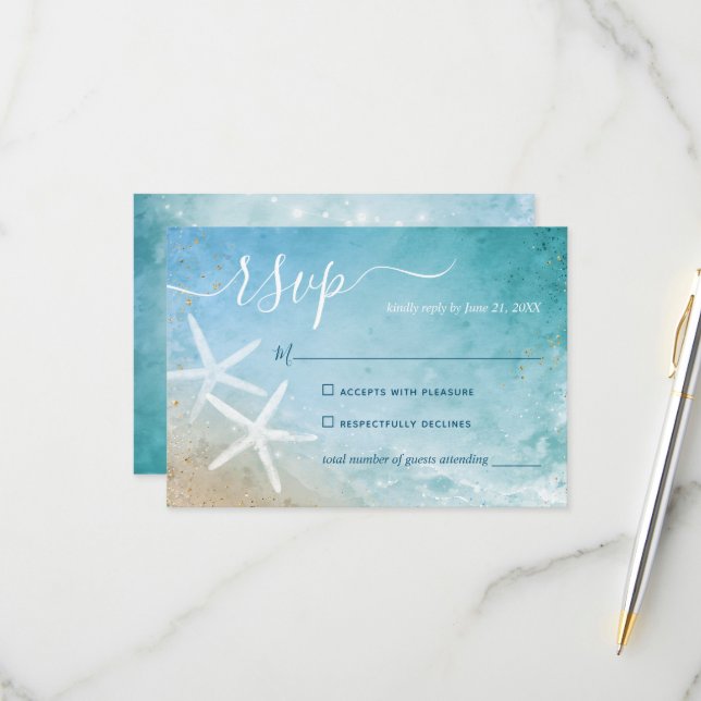 Watercolor Starfish Elegant Beach Wedding RSVP Card (Front/Back In Situ)