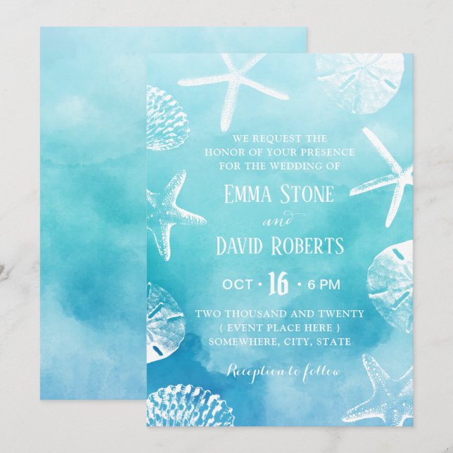 Watercolor Starfish & Seashells Beach Wedding Invitation (Front/Back)