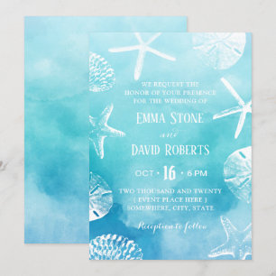 Watercolor Starfish & Seashells Beach Wedding Invitation