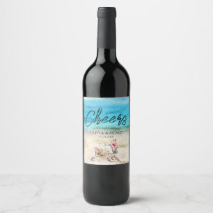 Watercolor Starfish & Seashells Beach Wedding Wine Label