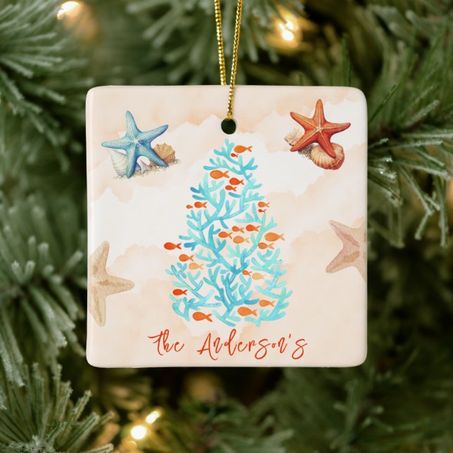 Watercolor Starfish Shells Sandy Beach Christmas  Ceramic Ornament (Tree)
