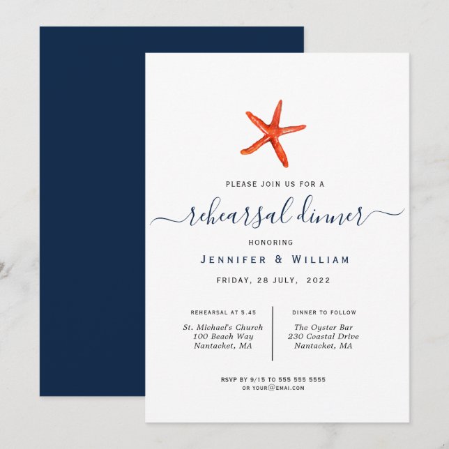 Watercolor Starfish wedding Rehearsal dinner  Announcement (Front/Back)
