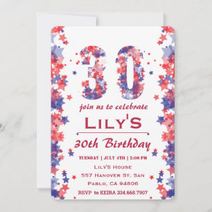 Watercolor Stars 4th Of July 30th Birthday Invitation