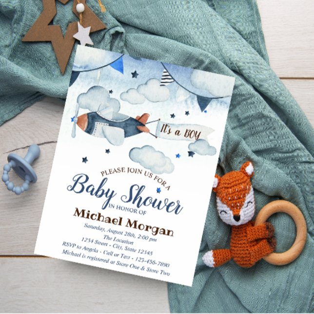 Watercolor Stars,Clouds,Aeroplane Baby Shower Invitation (Creator Uploaded)