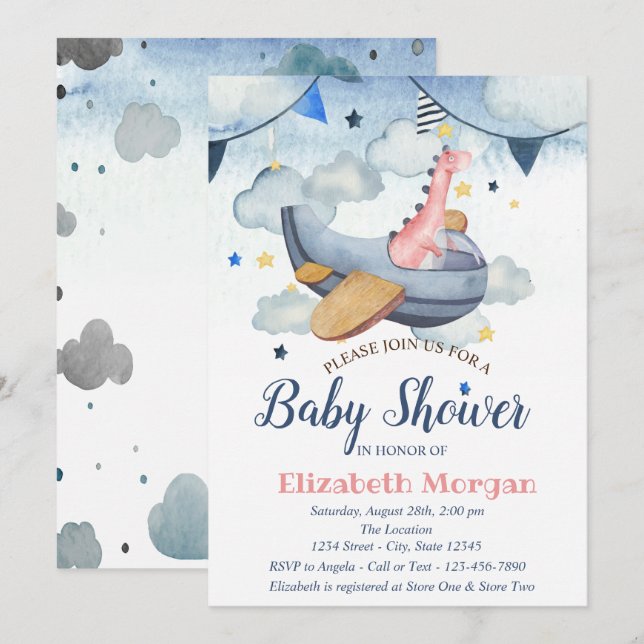 Watercolor Stars,Clouds,Aeroplane Dino Baby Shower Invitation (Front/Back)