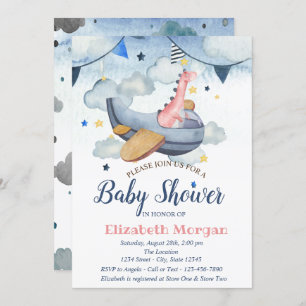 Watercolor Stars,Clouds,Aeroplane Dino Baby Shower Invitation