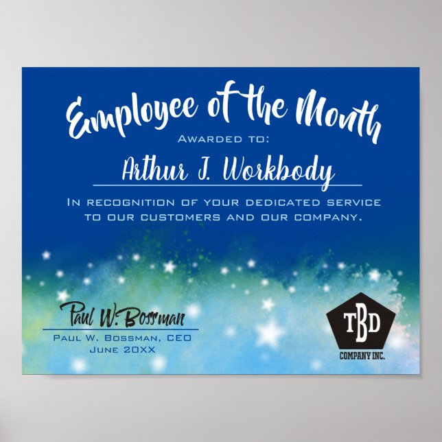 Watercolor stars employee of the month display poster (Front)