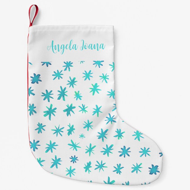 Watercolor stars with name - turquoise small christmas stocking (Front)