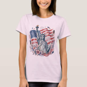 Watercolor Statue of Liberty Floral American Flag T-Shirt