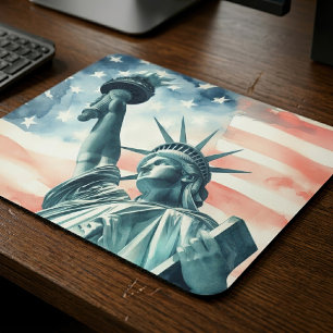 Watercolor Statue of Liberty with American flag Mouse Mat