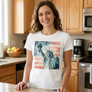 Watercolor Statue of Liberty with American flag T-Shirt