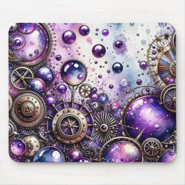 Watercolor Steampunk Bubbles & Gears Mouse Mat (Front)