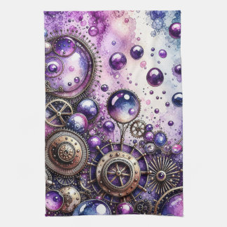 Watercolor Steampunk Bubbles & Gears Tea Towel