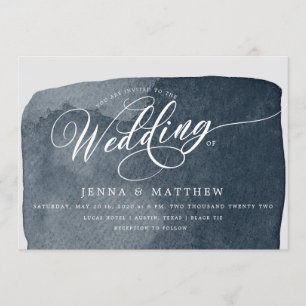 watercolor steel blue wash modern wedding invitation