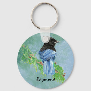 Watercolor Stellar Jay Bird Custom Name Nature Key Ring