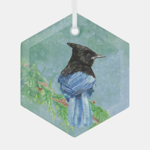 Watercolor Stellar Jay Bird Nature Art Glass Tree Decoration