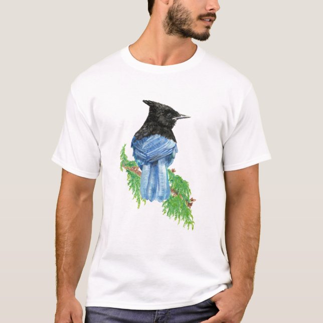 Watercolor Stellar Jay Bird Nature Art T-Shirt (Front)