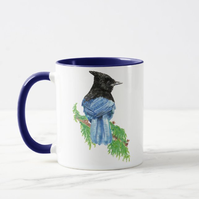 Watercolor Stellar Jay, Bird, Nature Collection Mug (Left)