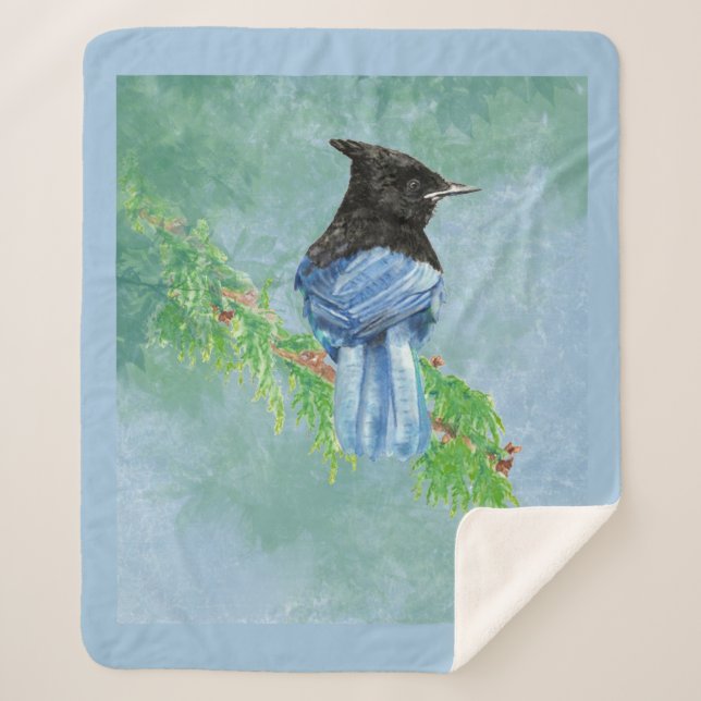 Watercolor Stellar Jay Bird Wildlife Art  Sherpa Blanket (Front)