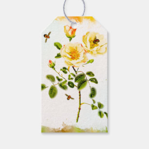 Watercolor Stem of Roses with Bees Gift Tag
