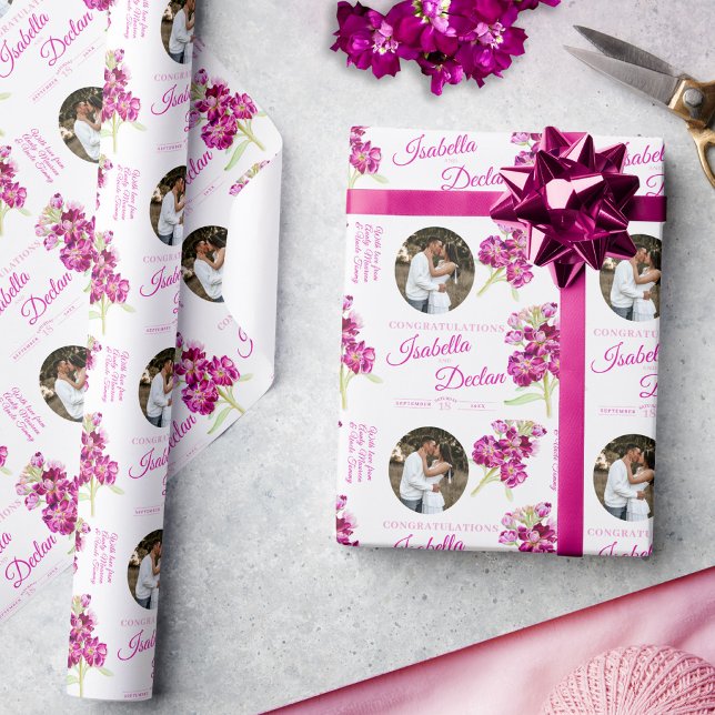 Watercolor stock flower pink custom photo wedding  wrapping paper (Creator Uploaded)