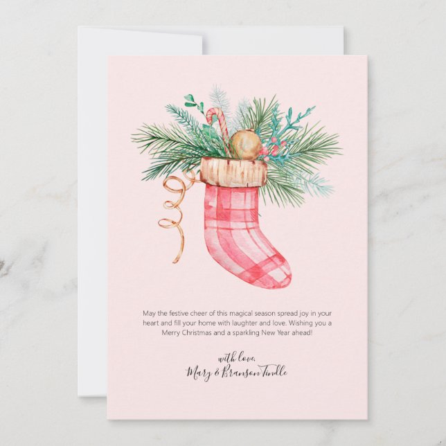 Watercolor Stocking Stuffed Greenery Christmas Hol Holiday Card (Front)