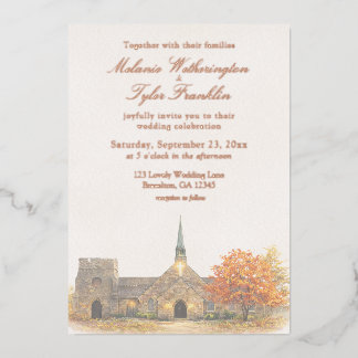 Watercolor Stone Chapel Fall Wedding Invitation