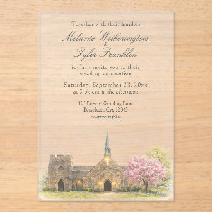 Watercolor Stone Chapel Spring Wedding Acrylic Invitations