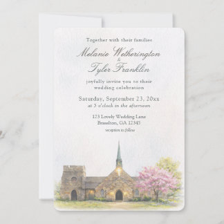 Watercolor Stone Chapel Spring Wedding Photo Invitation