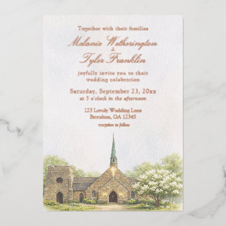 Watercolor Stone Chapel Summer Wedding Invitation