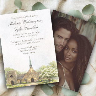 Watercolor Stone Chapel Wedding Photo Invitation
