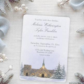 Watercolor Stone Chapel Winter Wedding Invitation